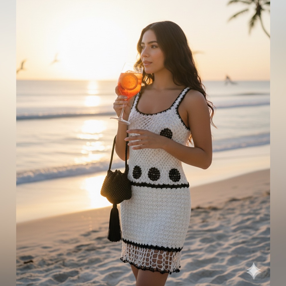 Handmade Crochet Black & White Polka Dot Resort Dress – Thread Bay Co.